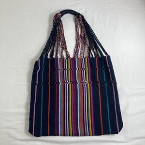 Hammock Multicolor Striped Shoulder Tote Bag, navy blue + multicolor stripes